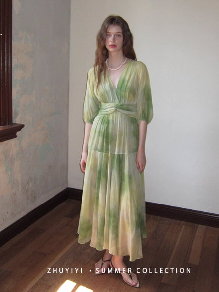 Watercolor Meadow Green Dress