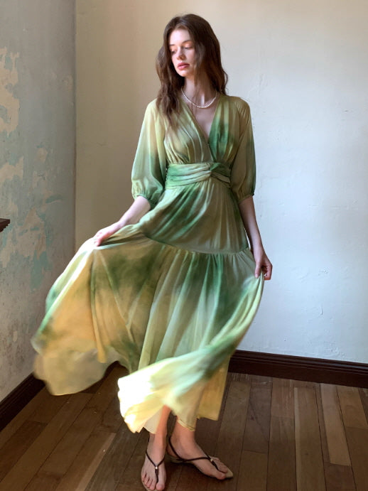 Watercolor Green Chiffon Dress – Fairycore Summer Elegance