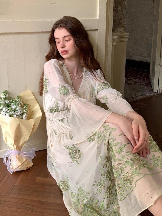 Botanical Whisper Embroidered Chiffon Dress