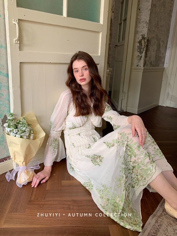 Botanical Whisper Embroidered Chiffon Dress