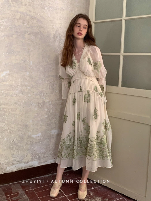 Botanical Whisper Embroidered Chiffon Dress