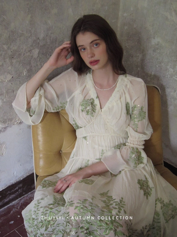 Botanical Whisper Embroidered Chiffon Dress