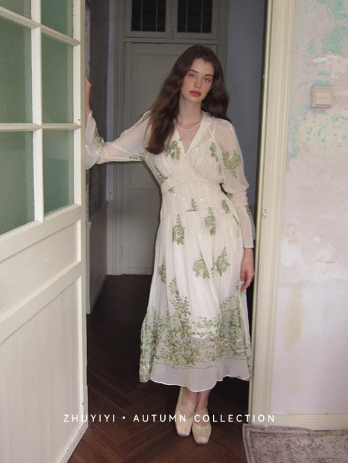 Botanical Whisper Embroidered Chiffon Dress