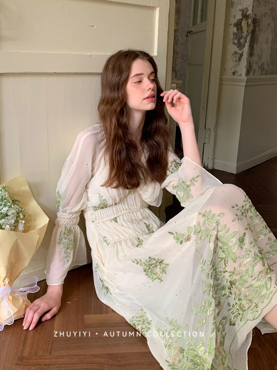 Botanical Whisper Embroidered Chiffon Dress