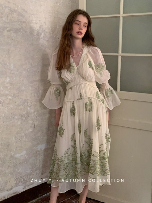 Botanical Whisper Embroidered Chiffon Dress