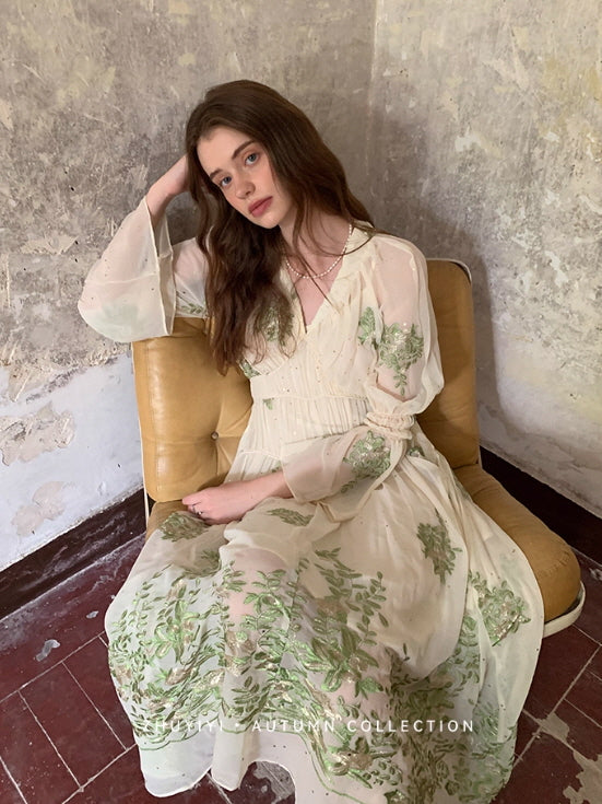 Botanical Whisper Embroidered Chiffon Dress