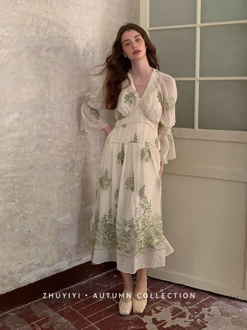 Botanical Whisper Embroidered Chiffon Dress