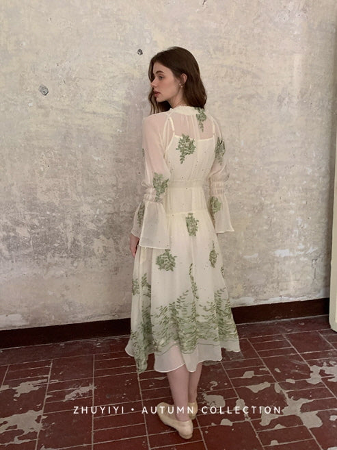 Botanical Whisper Embroidered Chiffon Dress