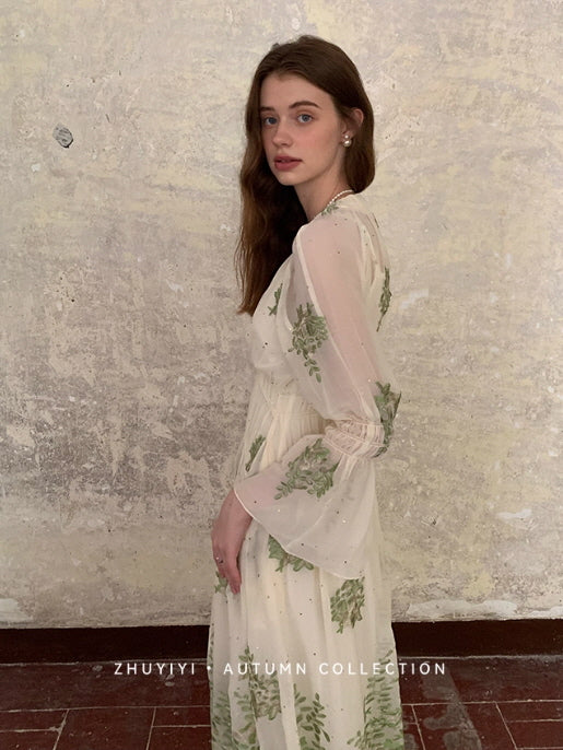 Botanical Whisper Embroidered Chiffon Dress