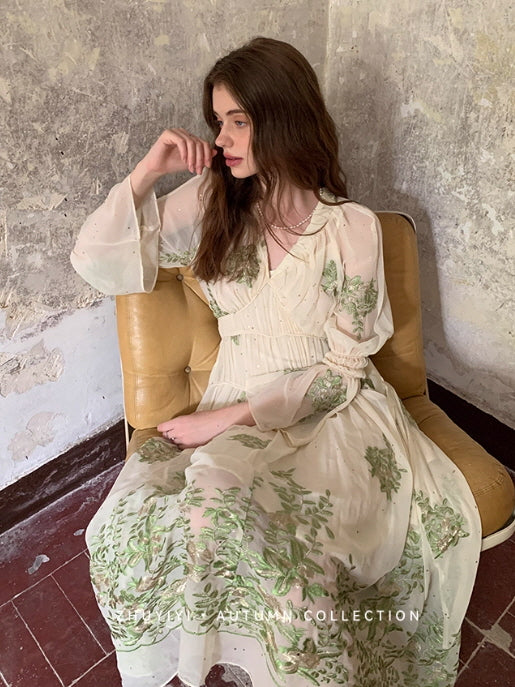 Botanical Whisper Embroidered Chiffon Dress