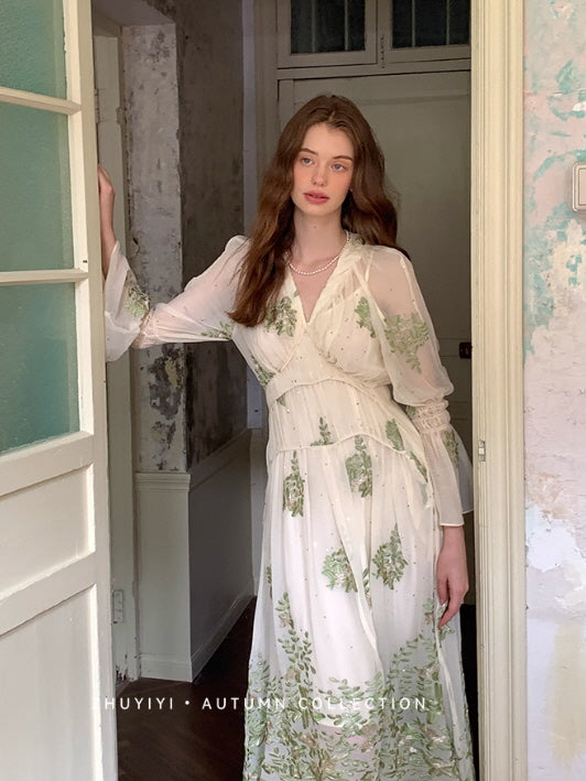 Botanical Whisper Embroidered Chiffon Dress