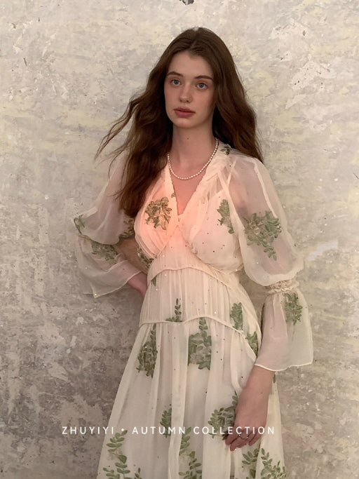 Botanical Whisper Embroidered Chiffon Dress