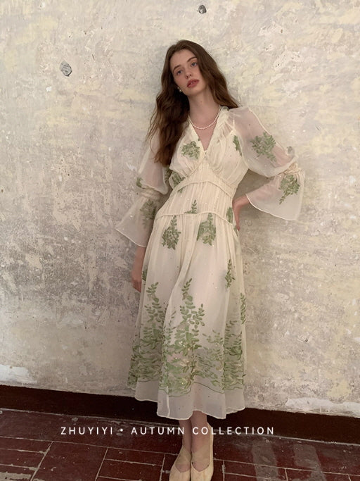 Botanical Whisper Embroidered Chiffon Dress