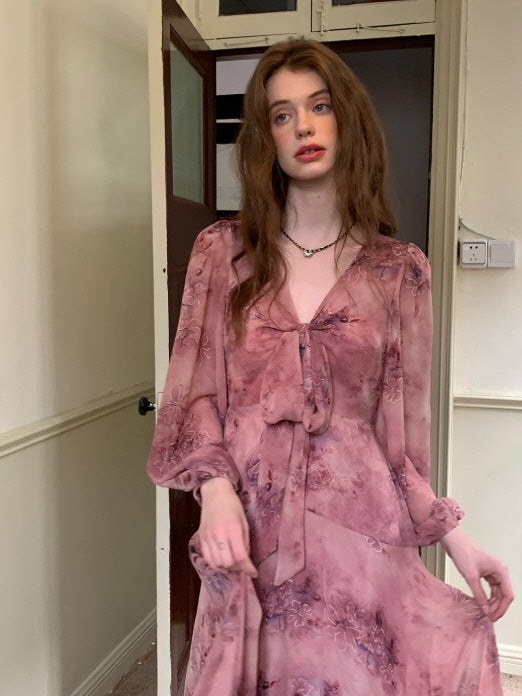 Dusty Mauve Ribbon Chiffon Dress