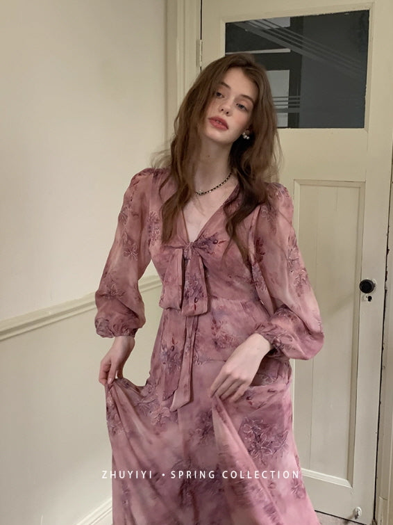 Dusty Mauve Ribbon Chiffon Dress