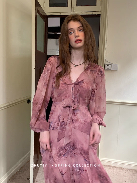 Dusty Mauve Ribbon Chiffon Dress