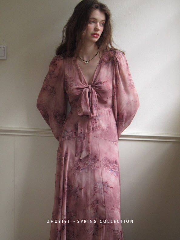 Dusty Mauve Ribbon Chiffon Dress
