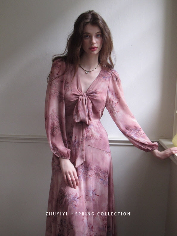 Dusty Mauve Ribbon Chiffon Dress