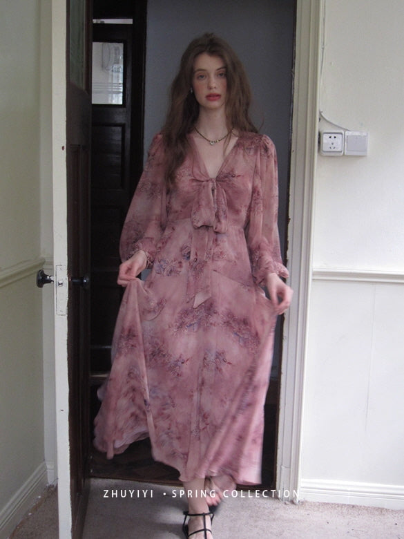 Dusty Mauve Ribbon Chiffon Dress
