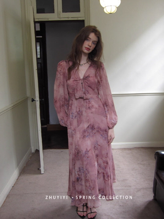 Dusty Mauve Ribbon Chiffon Dress