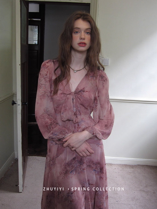 Dusty Mauve Ribbon Chiffon Dress