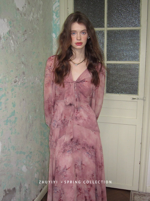 Dusty Mauve Ribbon Chiffon Dress