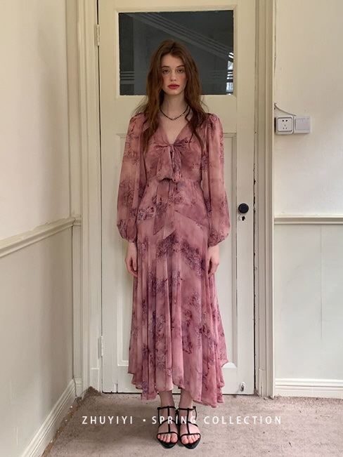 Dusty Mauve Ribbon Chiffon Dress