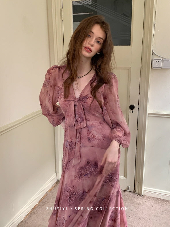 Dusty Mauve Ribbon Chiffon Dress
