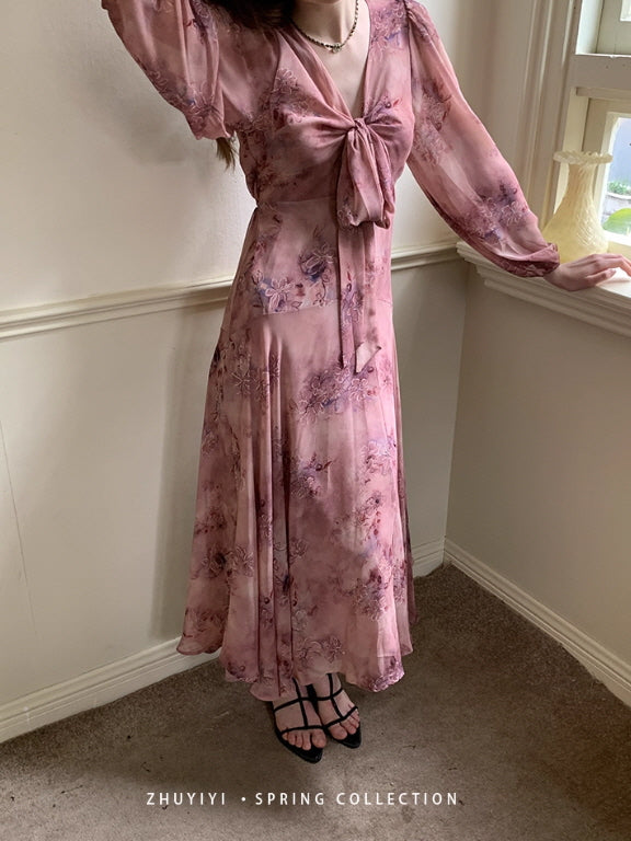 Dusty Mauve Ribbon Chiffon Dress