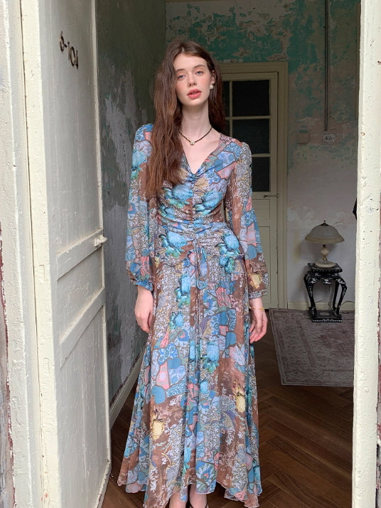 Botanical Vintage Floral Chiffon Dress