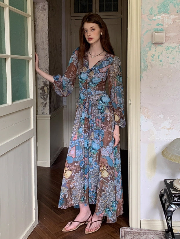 Botanical Vintage Floral Chiffon Dress
