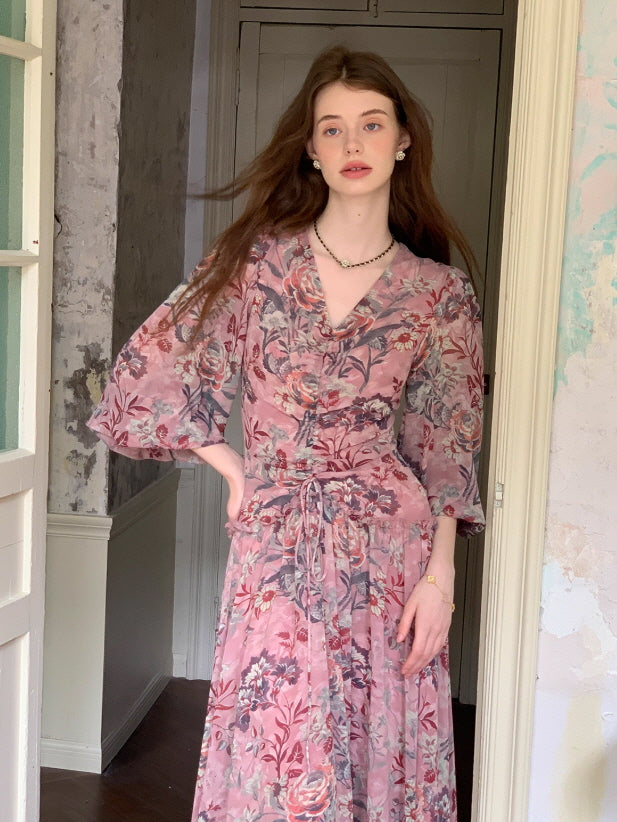 Botanical Vintage Floral Chiffon Dress