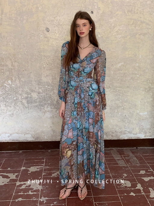 Botanical Vintage Floral Chiffon Dress