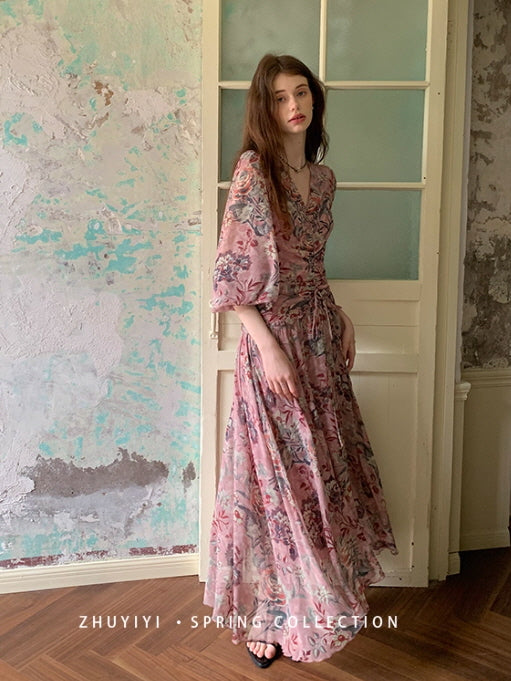 Botanical Vintage Floral Chiffon Dress