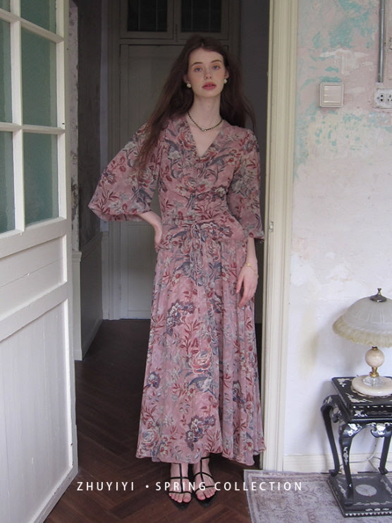Botanical Vintage Floral Chiffon Dress