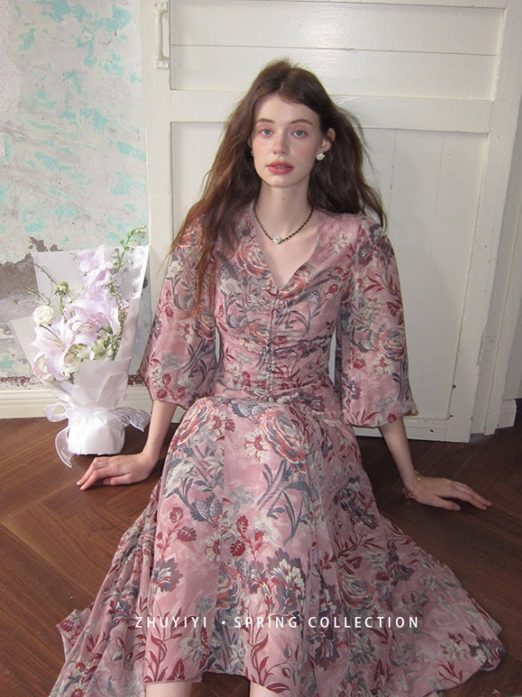 Botanical Vintage Floral Chiffon Dress