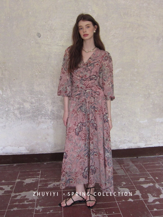 Botanical Vintage Floral Chiffon Dress