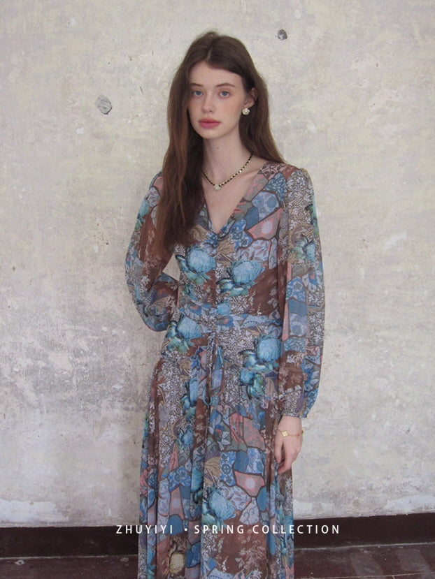 Botanical Vintage Floral Chiffon Dress