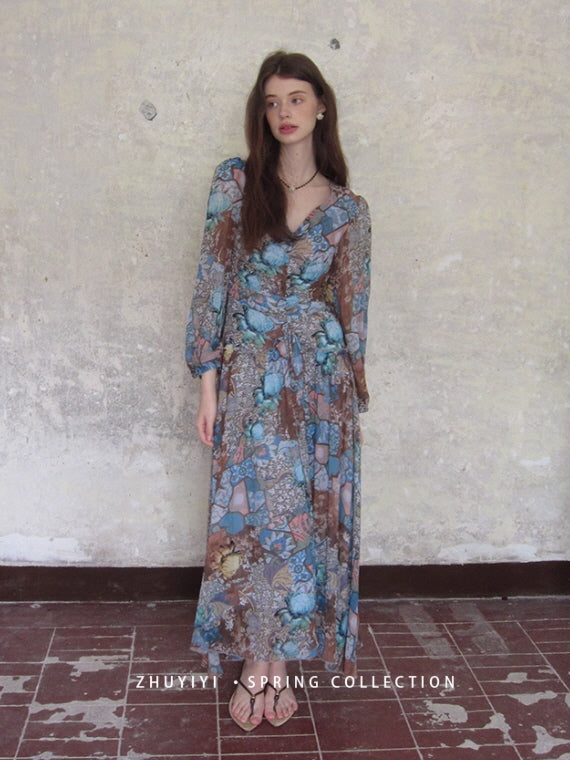 Botanical Vintage Floral Chiffon Dress