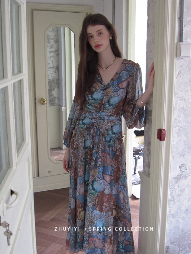 Botanical Vintage Floral Chiffon Dress
