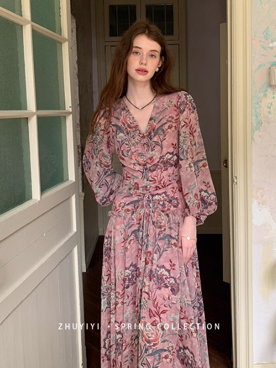 Botanical Vintage Floral Chiffon Dress