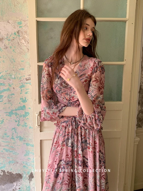 Botanical Vintage Floral Chiffon Dress