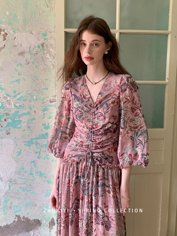 Botanical Vintage Floral Chiffon Dress
