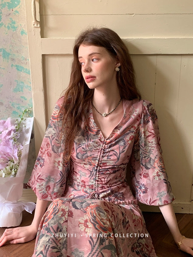 Botanical Vintage Floral Chiffon Dress