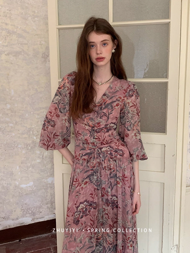 Botanical Vintage Floral Chiffon Dress