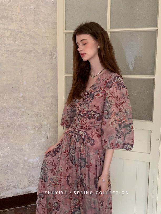 Botanical Vintage Floral Chiffon Dress