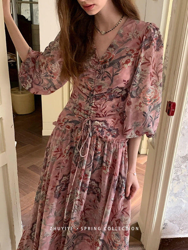 Botanical Vintage Floral Chiffon Dress
