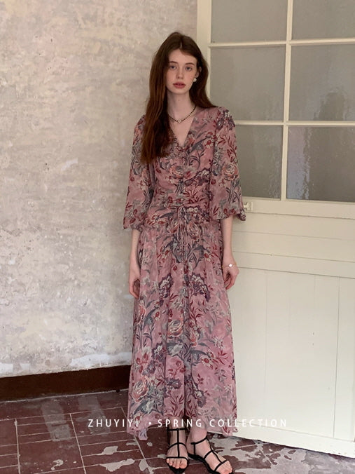 Botanical Vintage Floral Chiffon Dress