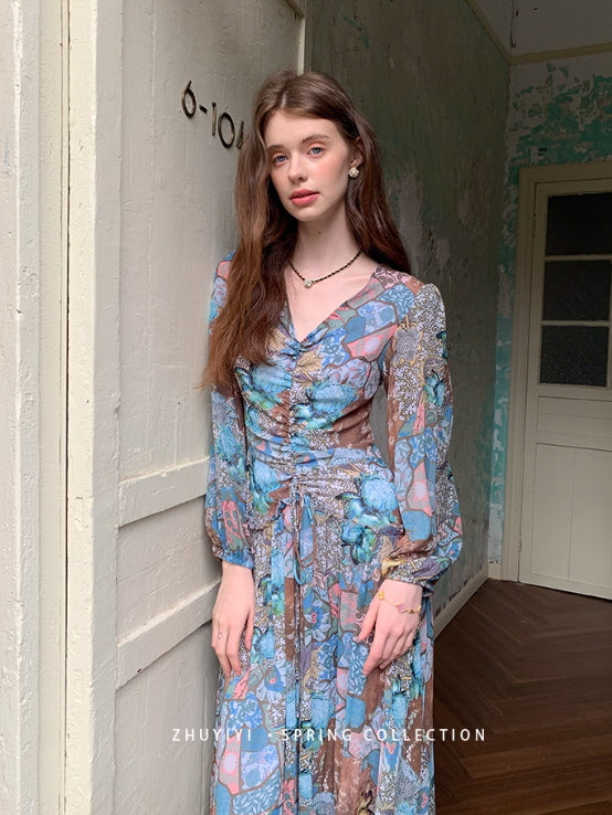 Botanical Vintage Floral Chiffon Dress