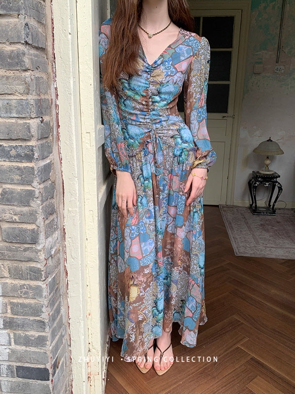 Botanical Vintage Floral Chiffon Dress